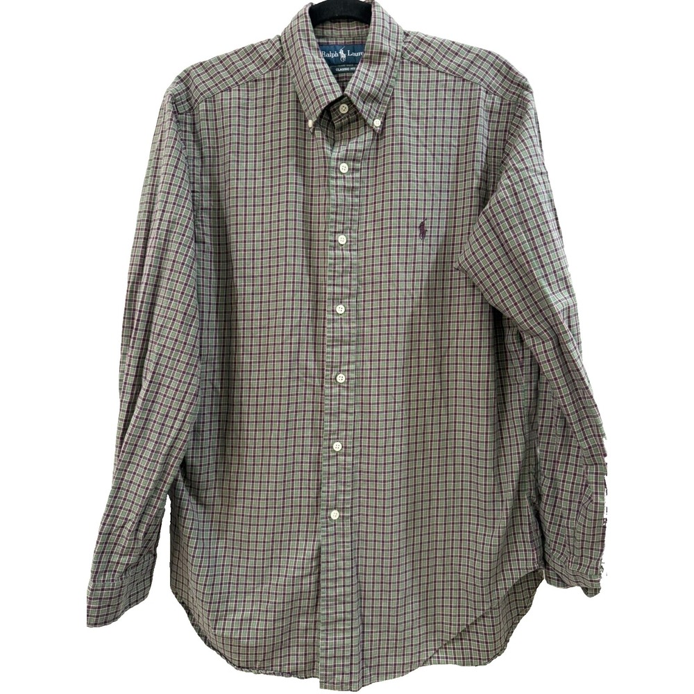Ralph Lauren Classic Fit Burgundy Green Plaid Button Down Size Medium - Picture 3 of 6